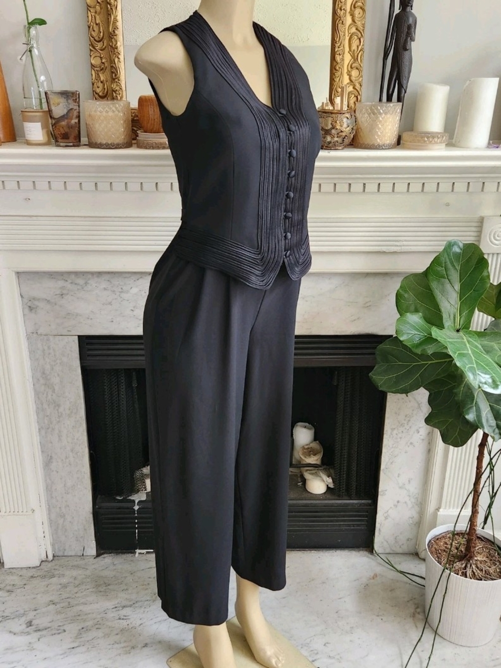 Vintage 90s Black Jumpsuit Laundry by Shelli Segal Vest Cropped Leg Size 6 - Picture 4 of 10
